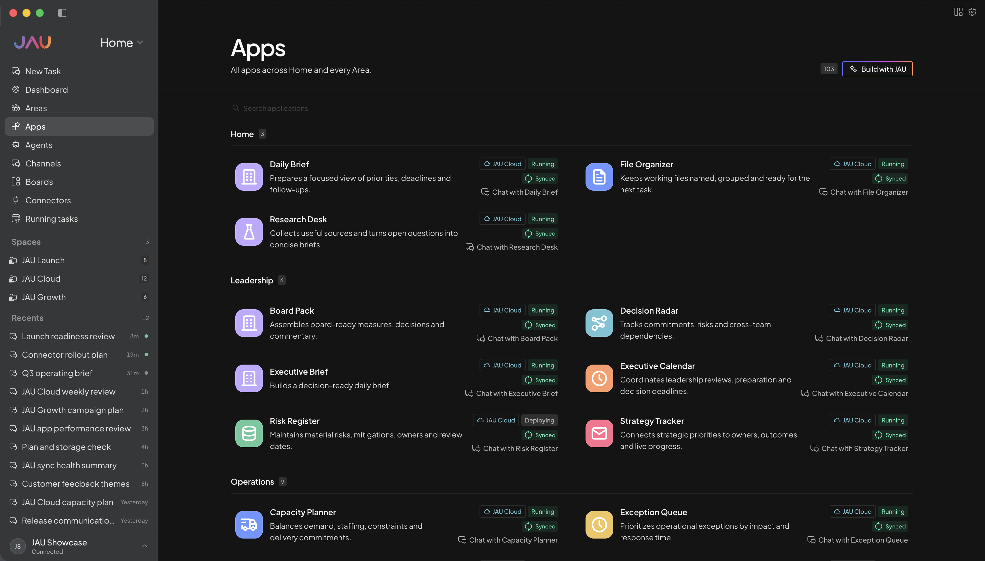 JAU Demo Apps catalog showing generated Apps grouped across Home and sample customizable Areas with deployment and sync states