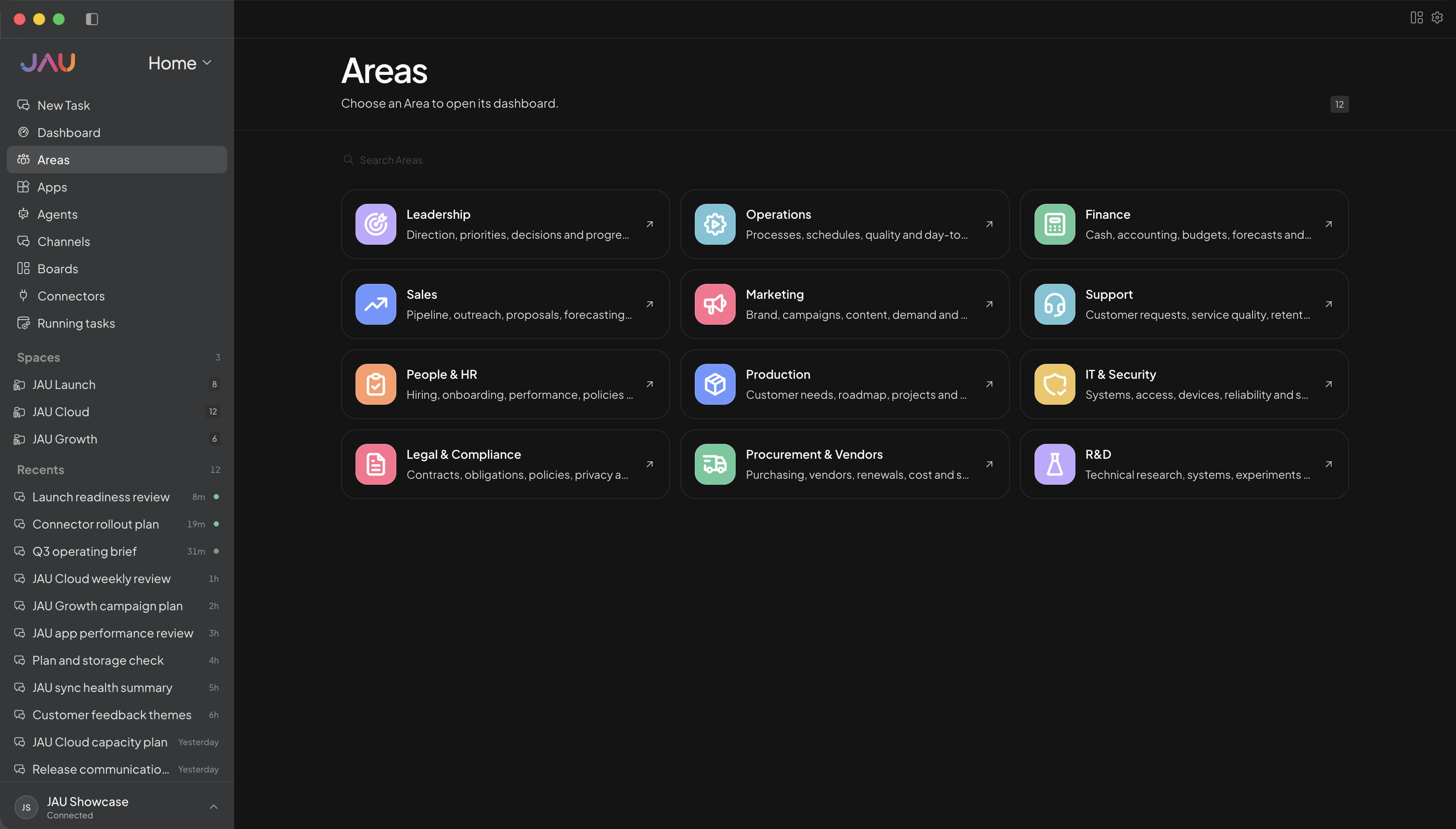 JAU Demo showing twelve example Areas from Leadership through Research and Development; users can create and customize their own