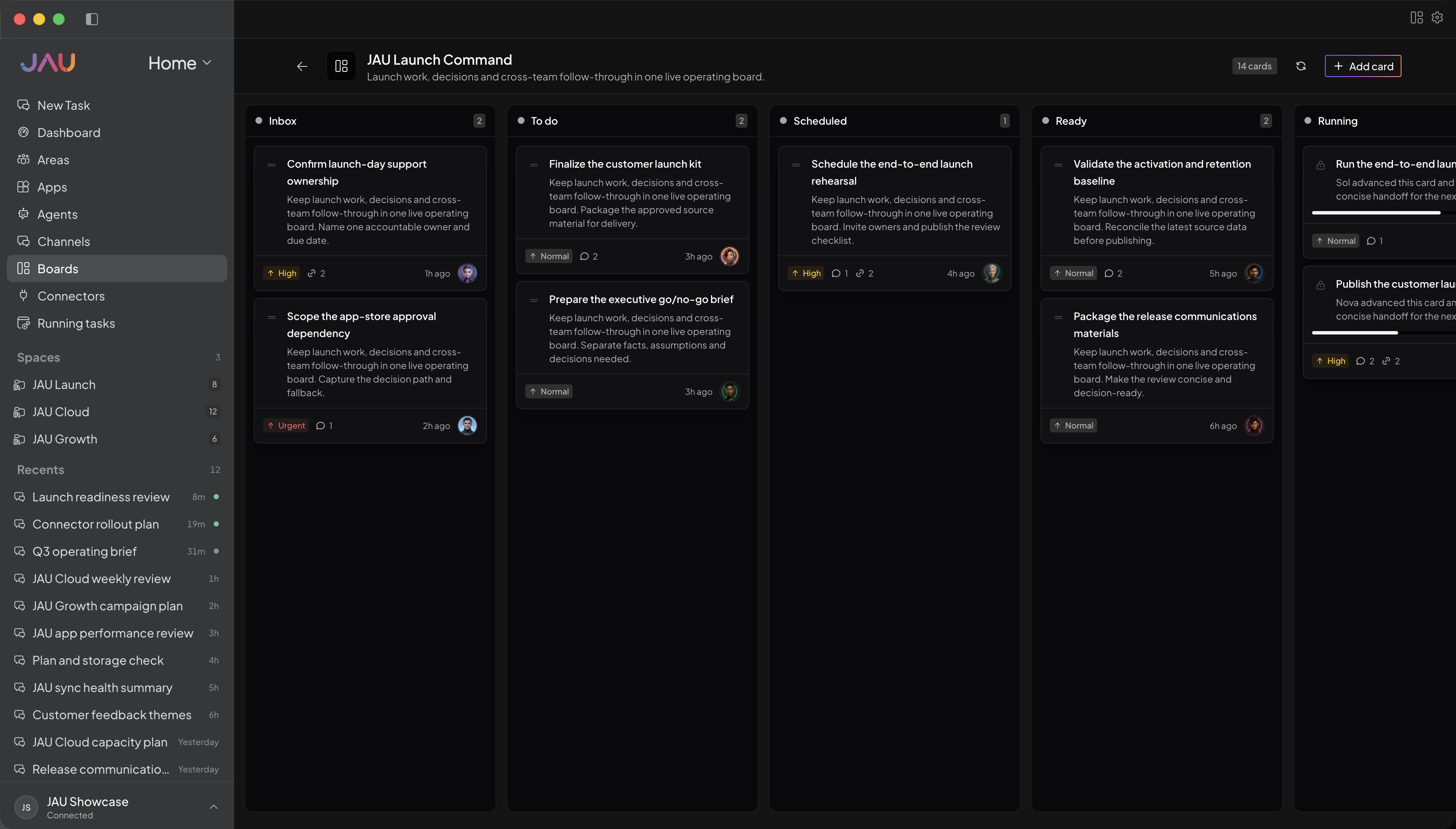 JAU Demo populated Board showing fourteen realistic tasks across eight workflow lanes with Agent assignees and automatically routed work