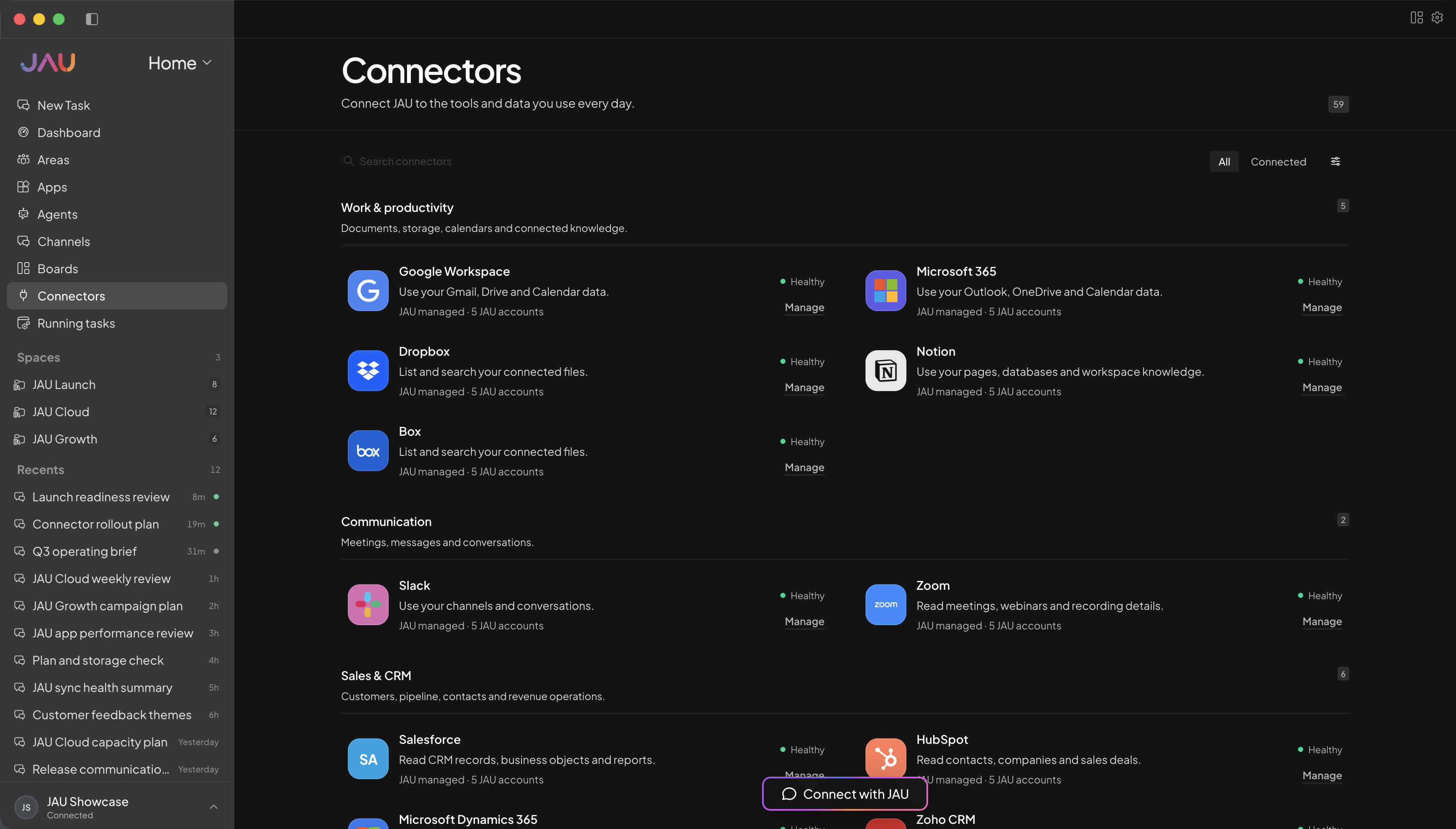 JAU Demo connector catalog showing connected productivity, communication, CRM, finance, commerce, and technical services