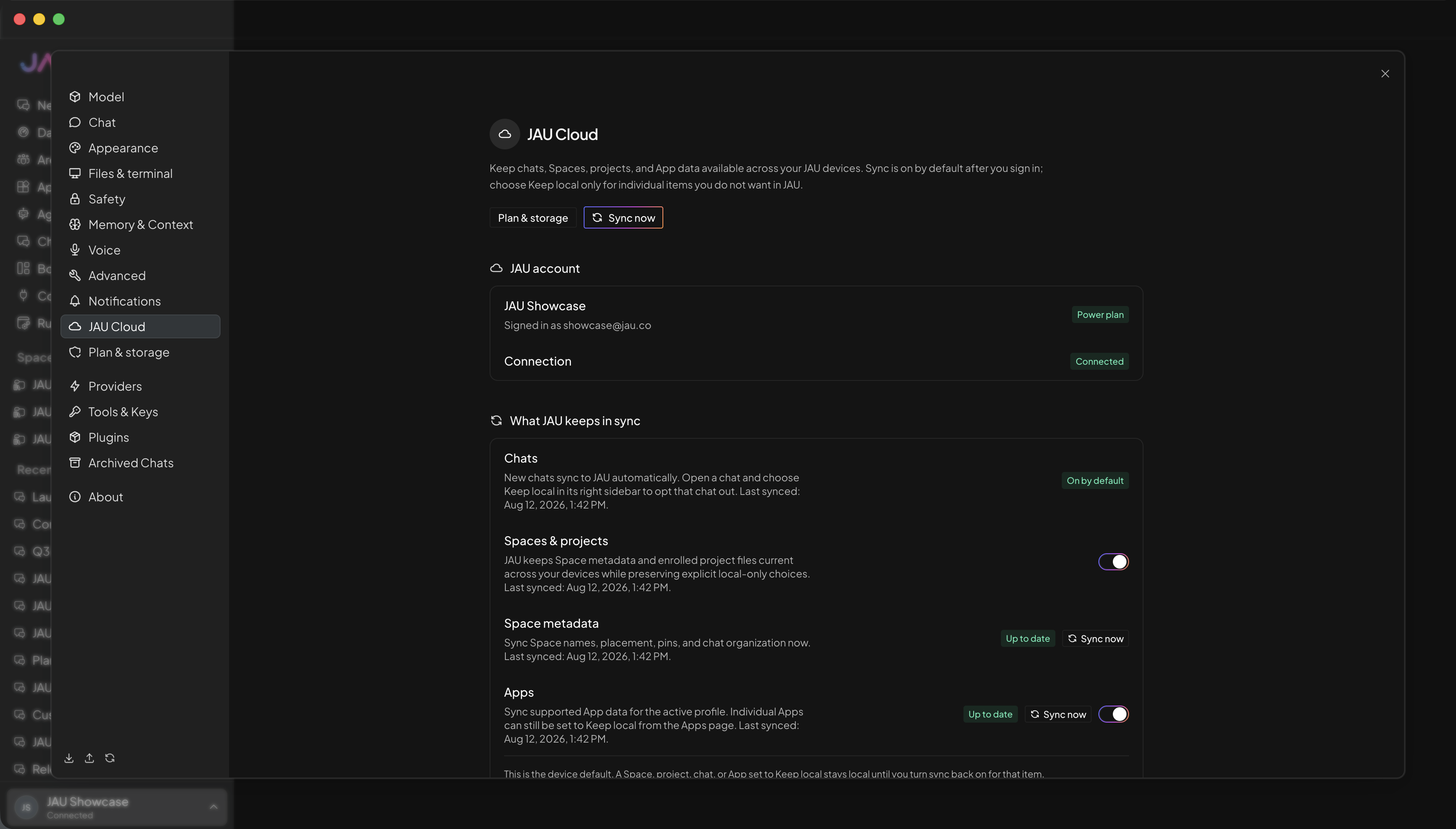 JAU Demo Cloud settings showing chats, Spaces, projects, and Apps synchronized across JAU devices